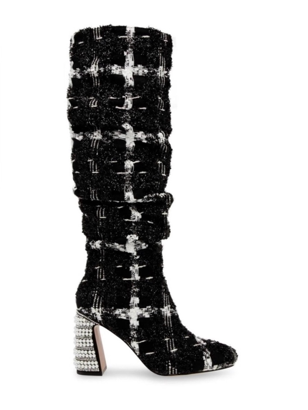 Betsey Johnson Declaan Knee-High Black & White Tweed Block Heel Boots